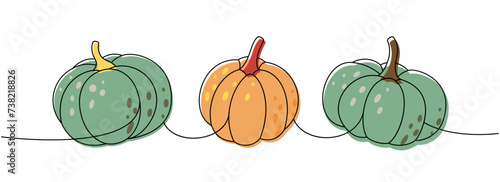 Pumpkins set. Autumn halloween pumpkins one line colored continuous drawing. Autumn halloween vegetables continuous one line illustration.
