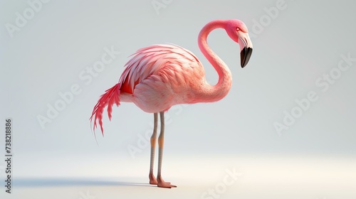 3D cute flamingo standing elegantly against a crisp white background; perfect for designs needing a touch of whimsy and tropical charm.