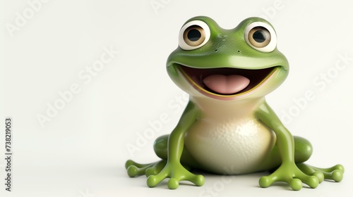 A charming 3D illustration of a lovable green frog, with big round eyes and a cheerful smile, set against a clean white background. Perfect for adding a touch of whimsy and cuteness to your © stocker