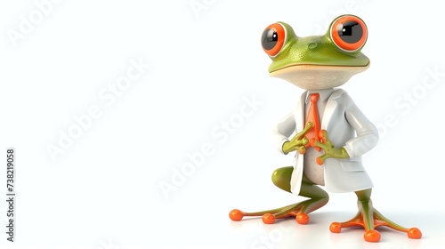 A delightful 3D render of a cute frog donning a lab coat, passionately working as a biologist. This whimsical image showcases the frog's dedication to studying and preserving the wonders of