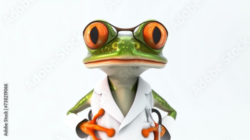A delightful 3D render of a cute frog donning a lab coat, passionately working as a biologist. This whimsical image showcases the frog's dedication to studying and preserving the wonders of © stocker
