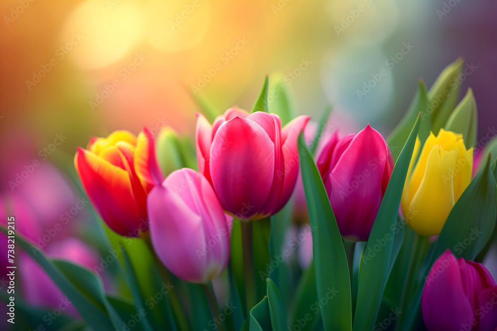 Beautiful Spring Nature background with tulip Flowers, selective focus. Vivid colors.