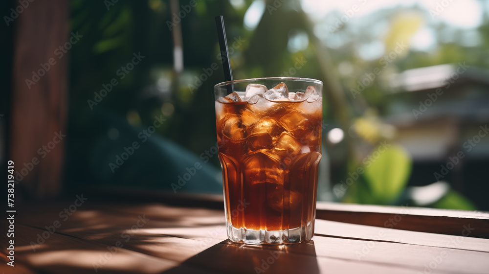 Glass of iced tea with black straw on a table, illuminated by soft sunlight filtering through the foliage. Glass of iced tea with black straw on a table, illuminated by soft sunlight filtering through the foliage.