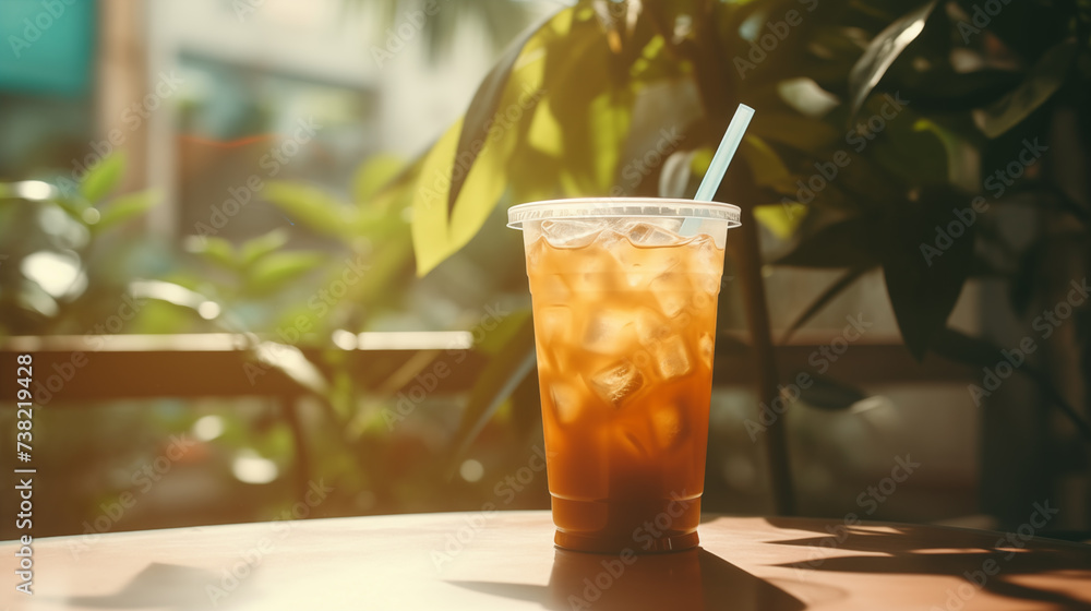 Refreshing glass of iced tea or lemonade on a tabletop outside, basking in the warm glow of the morning sun amidst verdant Refreshing glass of iced tea or lemonade on a tabletop outside, basking in the warm glow of the morning sun amidst verdant