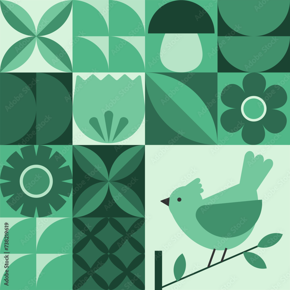 Geometric background. Bird, flowers and leaves in flat minimalist style.