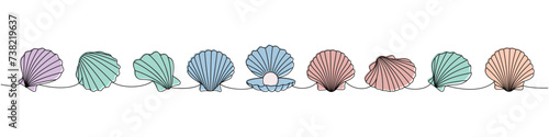 Pearl shells set. Sea shells, mollusks, scallop, pearls. Tropical underwater shells continuous one line illustration. Vector minimalist illustration.