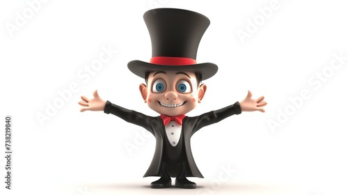 A charming 3D illusionist in a playful pose, ready to astound with their magical tricks. This adorable character is set against a clean white background, creating a delightful visual impact.