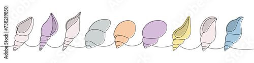 Scallop sea shells set. Sea shells, mollusks, scallop, pearls. Tropical underwater shells continuous one line illustration.