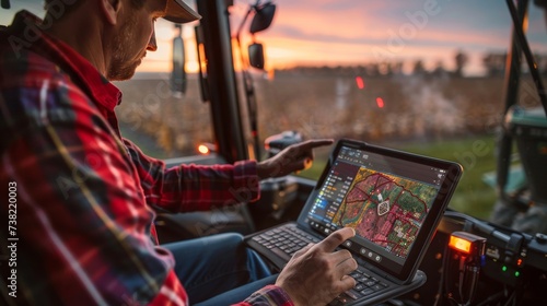Farmer with GPS Map on Tablet at Twilight.
Farmer checking GPS mapping on tablet for precision agriculture at twilight.