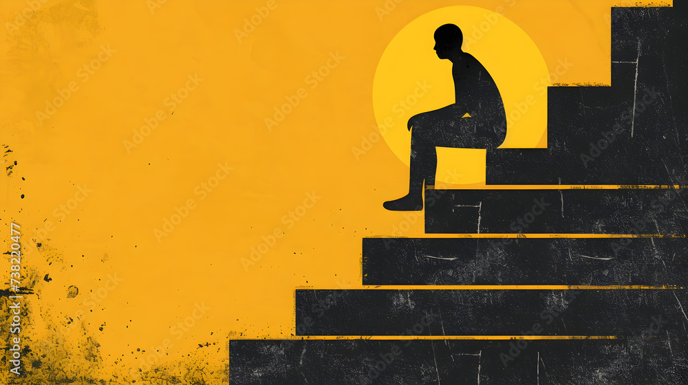 Abstract illustration of a person sitting on a staircase with each step representing a different emotion, capturing the ups and downs of mental health


