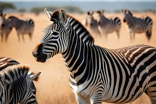A Herd of Zebra Standing on Top of a Dry Grass Field
