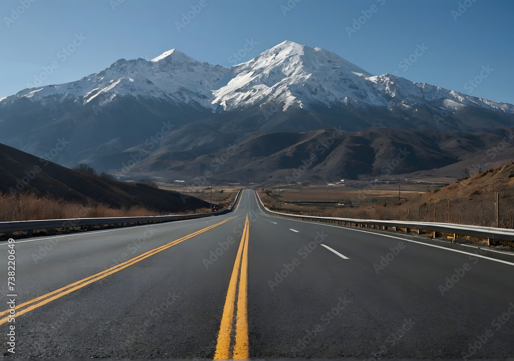 Naklejka premium Road and mountain under the blue sky