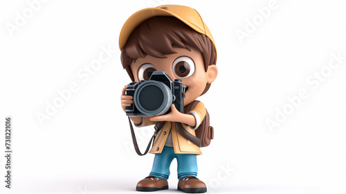 A delightful 3D cartoon photographer captured in action, with a camera in hand and a charming smile, set against a clean white background. This adorable character is perfect to bring joy and