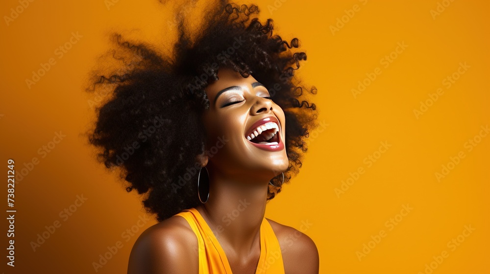 Portrayal of a dynamic black woman beaming with happiness on a coloured background Portrayal of a dynamic black woman beaming with happiness on a coloured background