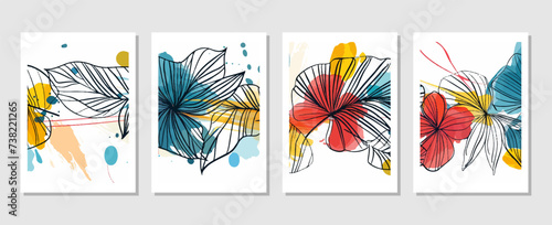 set of abstract vector backgrounds featuring tropical leaves. Hand-drawn textures suitable for wall decoration, postcard designs, or brochure covers.