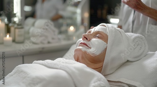 Senior woman relaxing with eyes closed in spa with white facial mask, beauty and mental health care