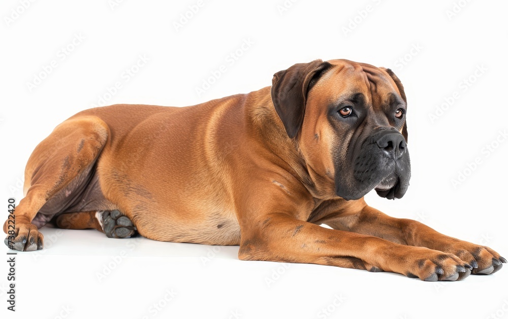 A Boxer dog lies down in repose, its soulful eyes and relaxed posture reflecting a calm demeanor. The clean white background highlights the dog's warm tan coat.