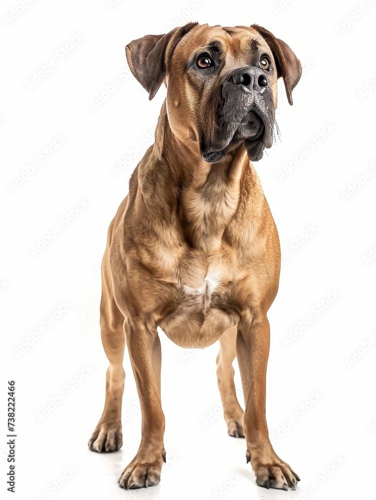 A powerful and obedient Boerboel dog, beautifully isolated on a white background, showcasing its strong and muscular build.