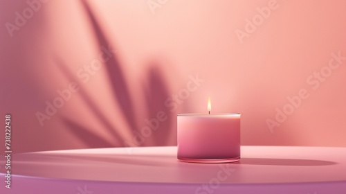pink aromatic candle on a table, rose petals, and pink background
