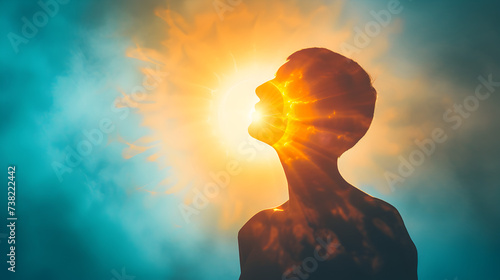 Conceptual image of a person in silhouette with a radiant sunburst emerging from their chest, illustrating the internal strength and resilience associated with mental health