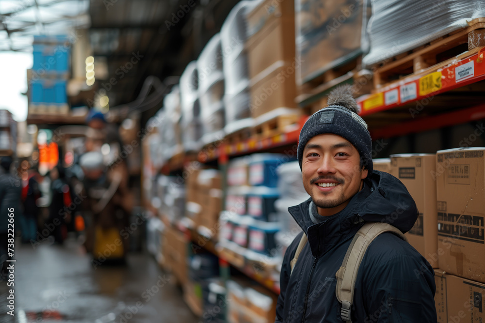 asian man against the background of a warehouse with goods at a market or wholesale base asian man against the background of a warehouse with goods at a market or wholesale base