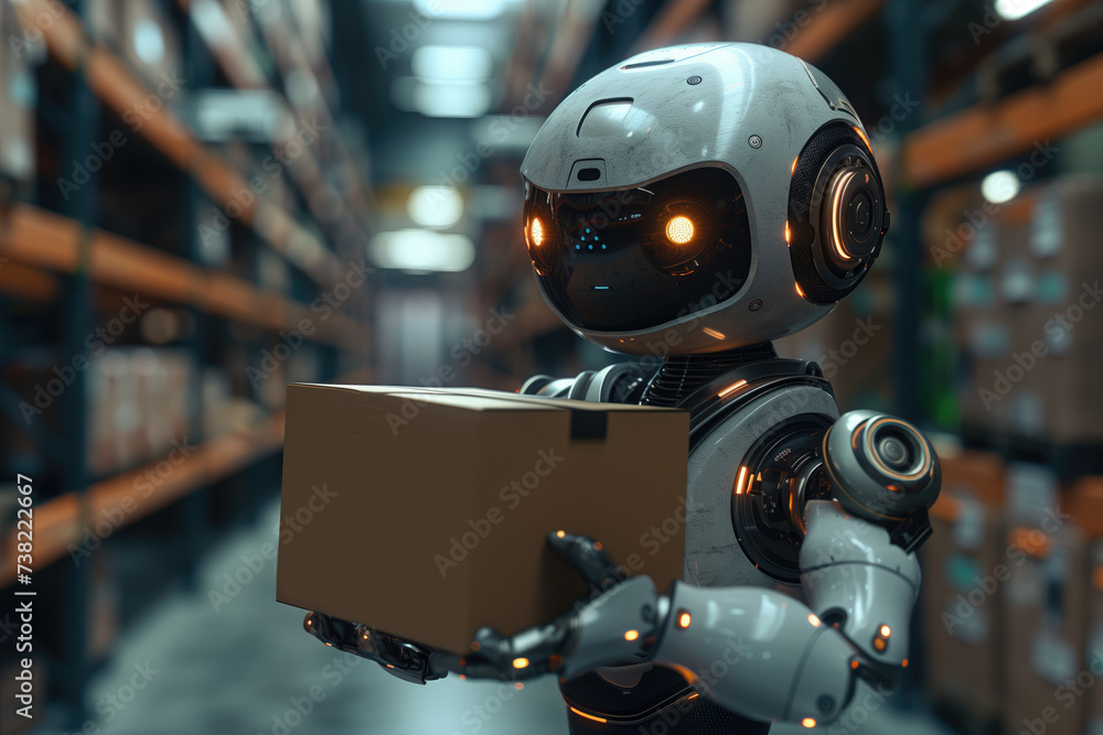 humanoid robot with box in hands in warehouse humanoid robot with box in hands in warehouse
