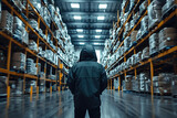 man in a black jacket with a hood in a modern warehouse