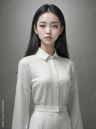 A female model with black hair and a white top poses for a portrait . ai generative