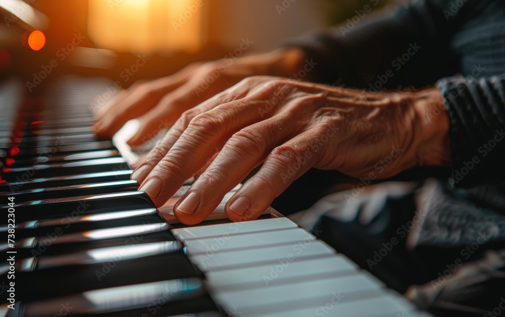 Fototapeta premium A close-up of an experienced hand gracefully playing the piano, with soft lighting enhancing the warm ambience of the music-filled room. The bokeh effect in the background adds to intimate concert.