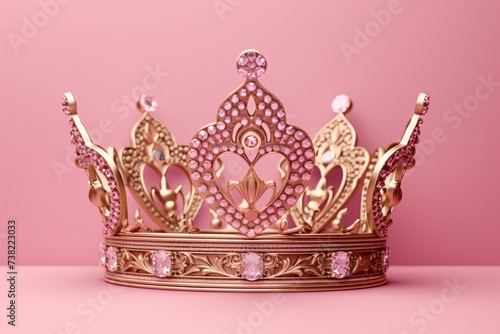 a gold crown with pink stones