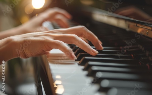 Close-up of delicate hands playing a piano, with a warm bokeh light backdrop. The image captures the essence of music and the intimacy of a performance.