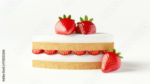 A delightful 3D rendered strawberry shortcake icon featuring a luscious strawberry nestled on top of a fluffy cake, coated with creamy icing. Perfect for adding a touch of sweetness to any p