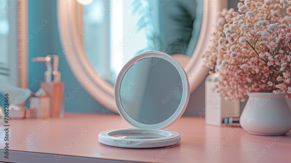 Minimalist dressing table with a stunning blank compact mirror mockup, showcasing its sleek casing and generous size, perfect for cosmetic branding. Enhance your beauty product presentations - obrazy, fototapety, plakaty 