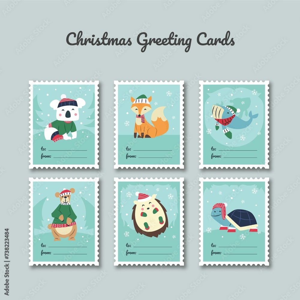 Christmas Greeting Card Template With Cute Characters