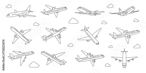 Jet airplane outline set. Air transport. Passenger airplanes. Vector illustration.