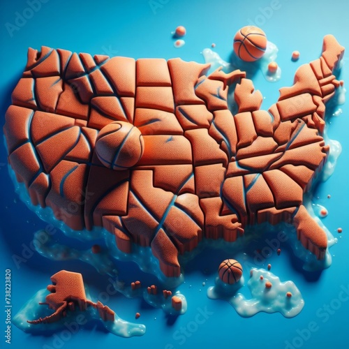 The map of America depicted as a basketball, blue background. The concept of sport. photo