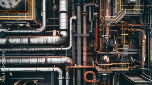 A mesmerizing network of intricately intertwined pipes and conduits stretches across an industrial facility, showcasing the modern marvels of engineering and manufacturing. With a symphony o photo