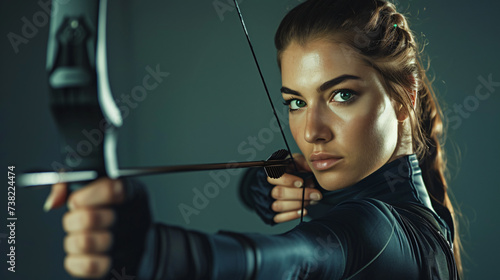 A skilled and determined archer in her late 20s, exuding confidence and concentration. Dressed in a sleek and form-fitting archery uniform, she holds a bow with expert precision. Ready to ta