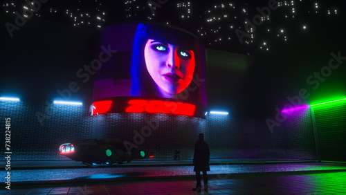 A futuristic car lands in front of an LED panel (3d rendering) photo