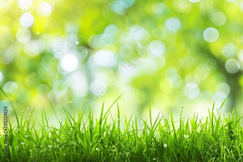 A vibrant, sunlit field of fresh green grass with a dreamy bokeh background.