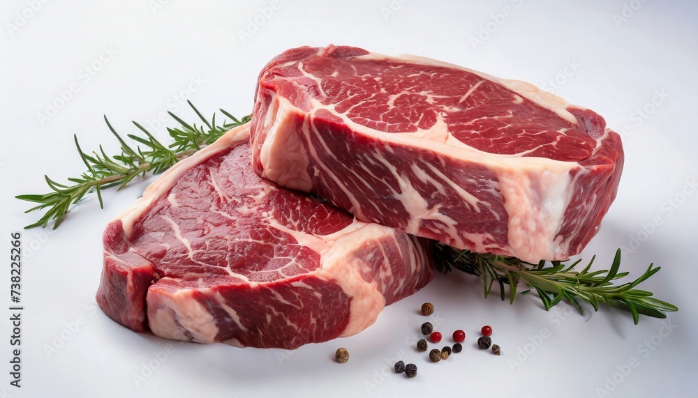 Fototapeta premium Two rib eye steaks one on top of another on white background. Raw beef meat.