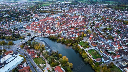 Fototapeta Naklejka Na Ścianę i Meble -  Aerial view of the city Nurtingen in Germany on a sunny day in fall