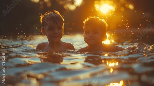Two boys brothers at the beach active playing in the water, happy and glad, family vacation rest at the lake photo