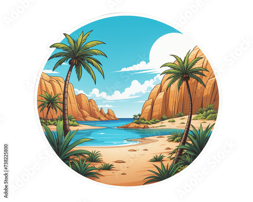 illustrated tropical beach cove with palm trees. Sticker illustration 