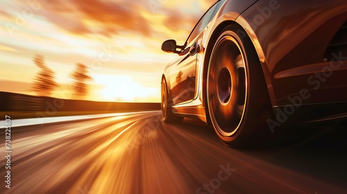A stunning high-performance sports car zooming down an empty road as the sun sets, capturing the thrilling sensation of speed. The sleek design shines brilliantly under the golden rays, whil
