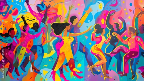A vibrant and joyful image capturing the exuberance of people coming together to celebrate through music and dance. Splashes of color bring the scene to life, as individuals sway to the infe