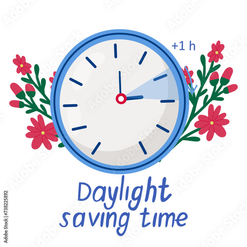 Daylight saving time .  Alarm clock with flowers and leaves.Clock set to an hour ahead.