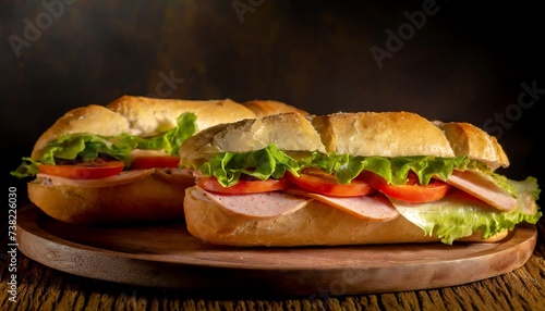 Fresh submarine sandwich. Long sandwich with ham, lettuce and tomatoes. Fast food