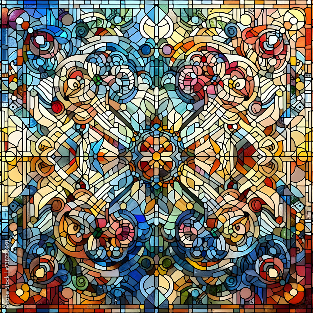 stained glass window pattern  art decoration  window  design  glass   mosaic  texture  illustration  ,Ai generated 