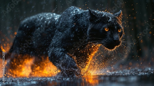Fiery Predator: Prowling Panther under the Torrential Rain